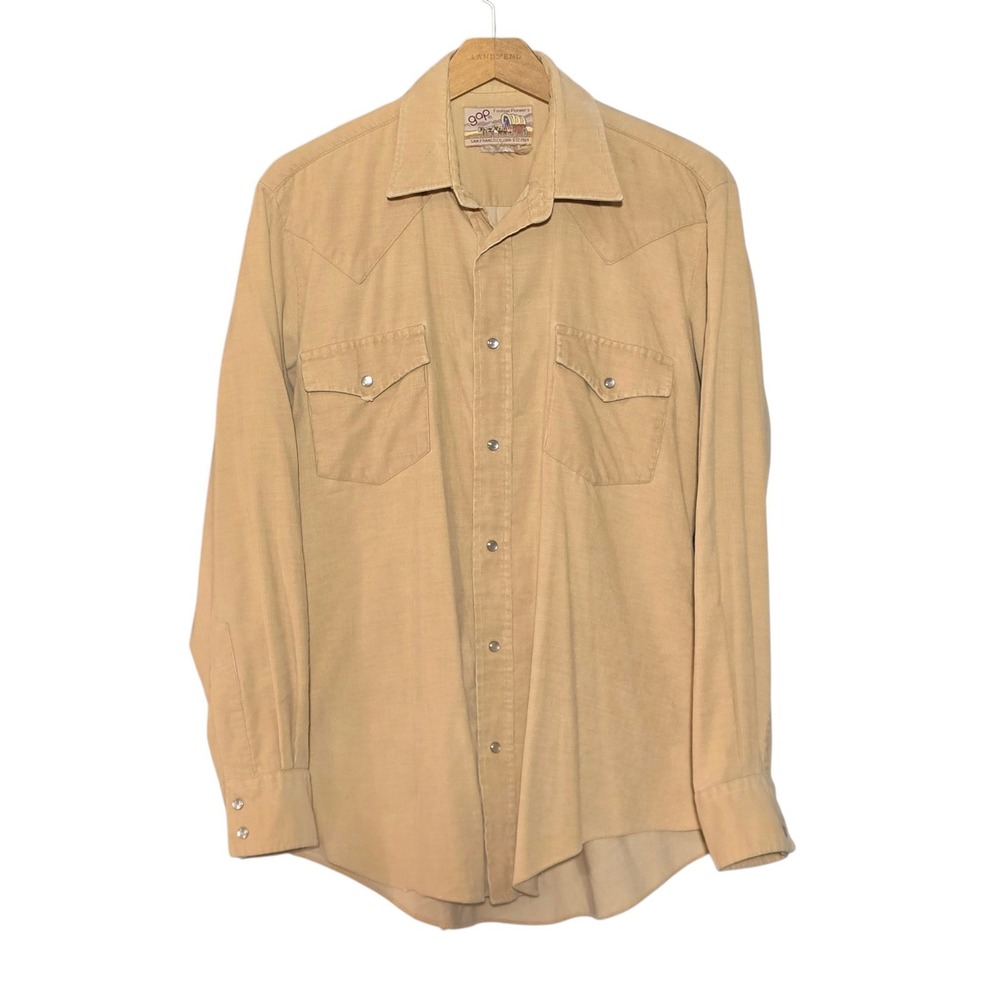 Vtg Gap Men LG 70s Western Shirt Tan Corduroy Pearl Snap Fashion Pioneers Cowboy